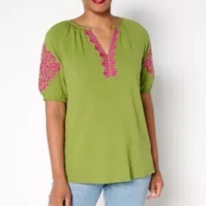 Belle Boho by Kim Gravel slub knit embroidered peasant top XXS